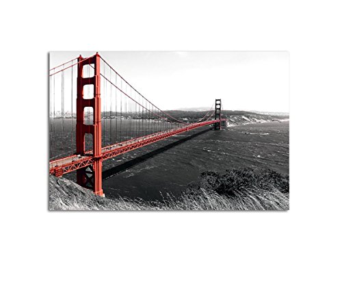 Caro-Art Wandbild Golden Gate Bridge schwarz Weiss rot Eyecatcher auf Leinwand und Keilrahmen. Beste Qualität, handgefertigt in Deutschland! 120x80cm