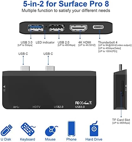 Surface Pro 8 Hub Docking Station with USB-C Thunerbolt 4 (Display+Data+PD Charging), 4K HDMI, USB 3.0, USB 2.0, TF Card Slot, Triple Display (Surface Pro 8+HDMI+USB C) for Microsoft Surface Pro 8
