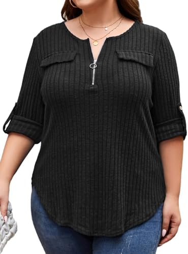 Plus Size Sweaters for Women Lightweight 3/4 Sleeve Quarter Zip V Neck Ribbed Business Casual Blouses Tops