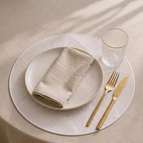 6'lı Plastik Amerikan Servis Seti, Yuvarlak 38 cm Beyaz Yaprak Desenli Supla, Yıkanabilir Silinebilir Tabak Altlığı, Yemek Masası Servis Sunum Matı