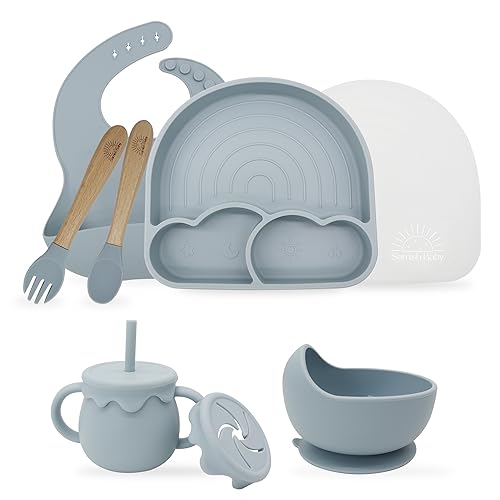 Image of Samish Baby Led Weaning Supplies - 8 Piece Silicone Toddler Self Feeding Dish Set with Suction Bowl Divided Plate and Spoons - 6 Months+