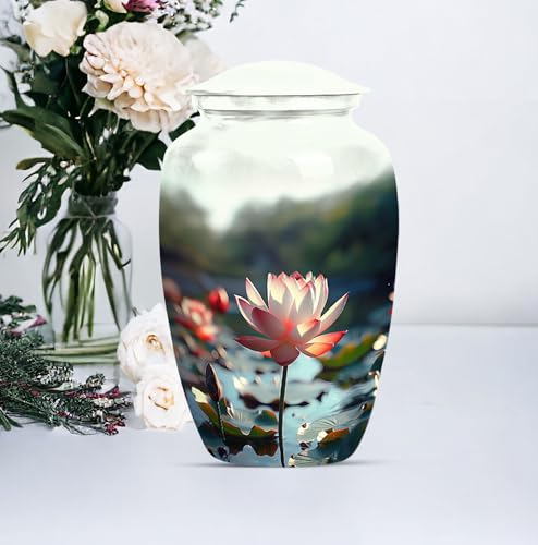 Image of Personalized Lotus - Memorial Urns For Mom & Dad - Decorative Urns For Ashes - 10 Inch - Large With Velvet Bag - Human Remains Urn - Cremation Urn For Ashes - Burial Urns - Large Funeral Urn