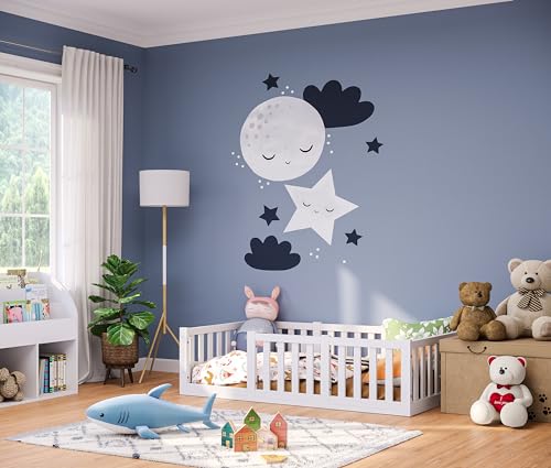 Bellabino Tapi Bett 80x160 cm, Kinderbett mit Rausfallschutz, inklusive Lattenrost, Montessori Bodenbett für Jungen und Mädchen aus Kiefer Massivholz, weiß lackiert, Bed