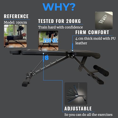 WOLV Verstellbare Hantelbank – Trainingsbank mit 8 Positionen, bis 200kg belastbar – Klappbare Fitnessbank, platzsparend & kompakt – Ideal für Krafttraining & Home Gym