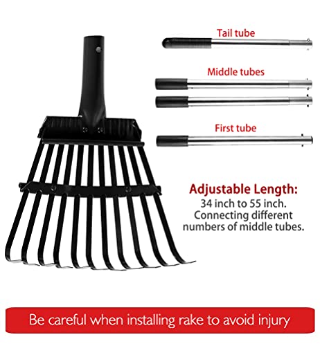 Homimp Adjustable Garden Leaf Rake,34" - 55" Adjustable Lightweight Aluminum Handle 11 Tines Rake,8" Inch Wide,For Gardeners,Kids Leaf Rake,Detachable Garden Rake,Easy To Carry (Black) #TOP4