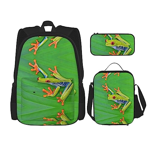Sac à dos de voyage et de cours avec sac repas et trousse imprimé grenouille et feuilles