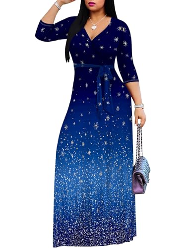 Image of Women's V Neck Floral Maxi Dress 3 /4 Sleeve Plus Size Boho Wrap Flowy Long Dresses with Belt
