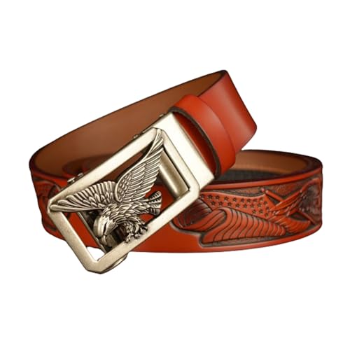 Men's Ratchet Dress Belt With Eagle Pattern Premium Leather, Adjustable Silver Auto Slide Buckle