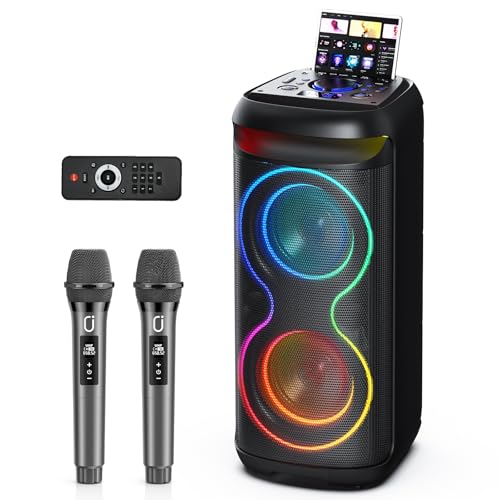 HWWR Karaoke Machine with 2 Wireless Mics, Big Bluetooth Speaker for Parties with LED Lights, Supports TWS, USB, AUX, TF Card, Ideal for Outdoors, Home and Stages