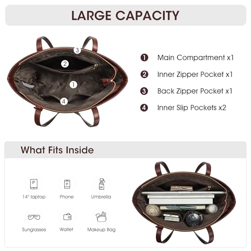 Image of Kattee Vintage Genuine Leather Work Tote for Women | Spacious interior with a zip compartment for organized work, travel, and everyday essentials.