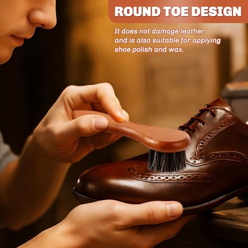 Image of 4 Pcs Horsehair Shine Shoes Brush Kit Polish Dauber Applicators Cleaning Leather Shoes Boots Care Brushes Suede Cleaner Brush with Microfiber Shoe Cloth(Brown Handle B)