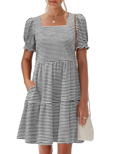 Image of ANRABESS Women Summer Square Neck Puff Short Sleeve Mini Dress 2026 Casual Flowy Sundress Beach Vacation Clothes with Pockets