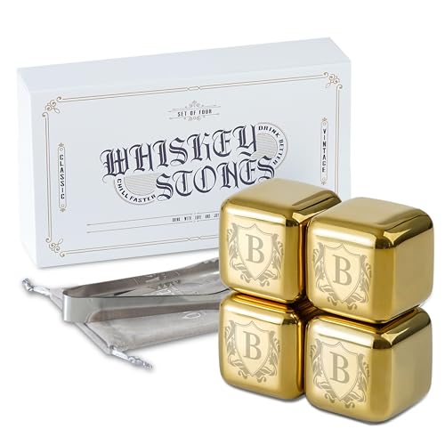 Onebttl Whiskey Stones Golden with Initial - 4pcs Stainless Steel Ice Rocks, Unique Gift for Men Women, Perfect for Whisky Lovers for Christmas, Birthday,J