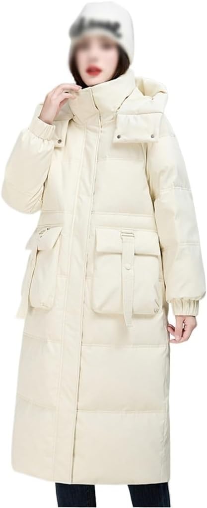 Down Jacket Women's Mid-length Over The Knee Thickened Warm Winter Jacket Hooded Large Pockets