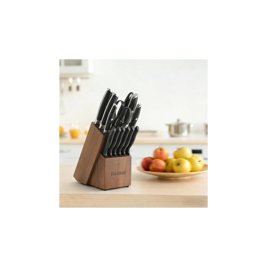 Knife Set 14-Piece Ultra-Sharp Full Tang Chef Knives with Block and Sharpener, High-Carbon Steel Black Handle for Kitchens, BBQs and Feasts, Rust-Resistant, Dishwasher-Safe, Gift for Chefs