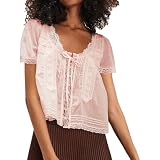 Picture of Women Lace Button up Shirt Short Sleeve Semi Sheer Free Ruffle Blouse Y2k Going Out Tops Coquette People Clothes (Lace Patchwork Pink, L)