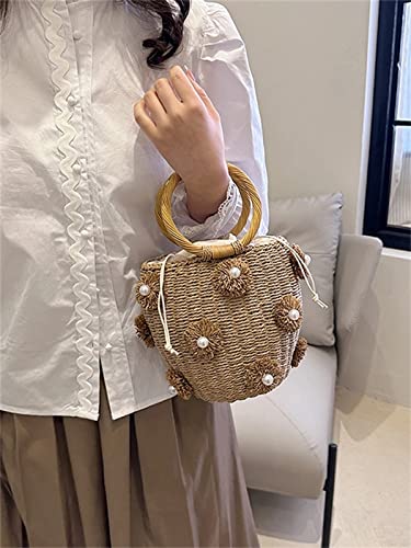 Image of Summer Straw Bag for Women Pearl Flower Bucket Tote Bag Diamond Handbag Hand Woven Rattan Shell Purse Drawstring
