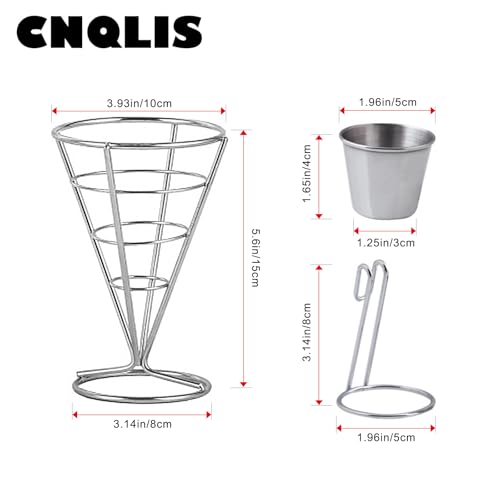 CNQLIS 4 Pack French Fry Holder, French Cone Fries Basket with Sauce Cup, Metal Wire French Fries Holder for Kitchen, Restaurant Buffet, Picnic Party, Buffet Dinner, Home Parties