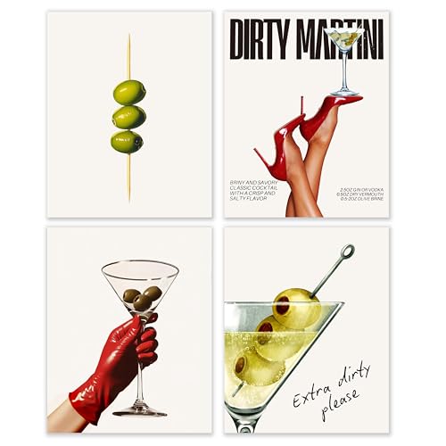 BESERH Dirty Martini Gifts Wall Decor, Trendy Cocktail Wall Art Prints, Funky Martini Cocktail Posters for Home Kitchen Par Pub Tavern Drunkery, 8x10 Inches Set of 4 Unframed