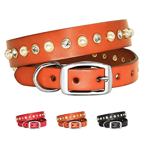 Beirui Soft Genuine Leather Dog Collar - Bling Dog Collar Leather With Pearls & Diamonds Studded - Adjustable Heavy Duty Dog Collars For Small Medium Dogs,Brown,Xs(Neck 7-10") #TOP19