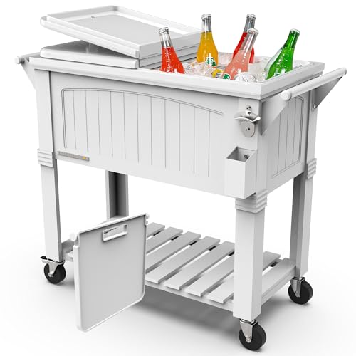 Permasteel Party Cooler with Divider, Spacious 80-Qt Capacity, Chills 36hrs, Serving Tray, Rolling Ice Chest for Indoor and Outdoor Entertainment, Matte White