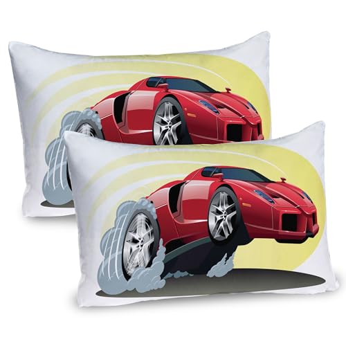 Ambesonne Cars Pillow Sham Set of 2, Powerful Cartoon Red Car Speeding Jumping with Smoke Coming Out of Giant Tires, Quality Microfiber Bedding Item for All Seasons, 36