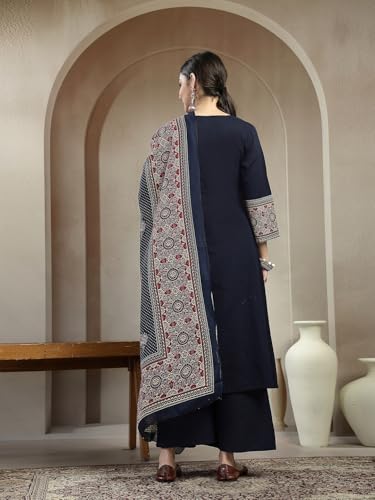 Image of Stylum Women's Ajrakh Printed Cotton A-Line Kurta Pant Dupatta Set