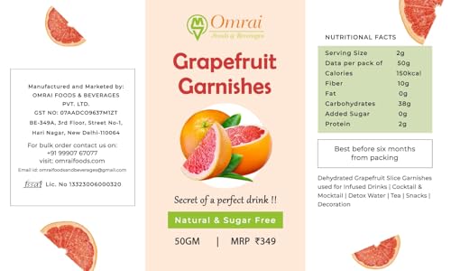 Image of Omrai Foods Dried grapefruit Slices Garnishes 50GM (Pack of 3) | Dehydrated grapefruit Garnish for Cocktails, Mocktails, Detox Water,Tea | 100% Natural Air Dried Fruit grapefruit Slices for Decoration