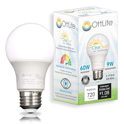 OttLite ClearSun 9W Edison-Base LED Bulb, 60W Equivalent, Full Spectrum Natural Daylight, E26 Base, 95+ Color Rendering Index, Dimmable LED Light Bulb Replacement
