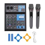 Topiky Set Microfonico Mixer Audio a 4 Canali con Doppio Microfono Wireless UHF, Scheda Audio Professionale Console di Mixaggio DJ, Console di Mixaggio RGB con Alimentazione 48V per