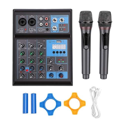 Jectse Mélangeur de Son 4 Canaux, Double Microphone sans Fil UHF, Console de Mixage RVB avec Interface USB Bluetooth 5.0, pour karaoké à Domicile DJ Party Live Streaming