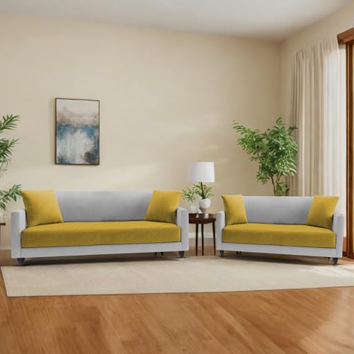 Image of Casaliving Dominic 3 + 2 Seater Sofa Set for Living Room (Yellow Grey) Premium Fabric Sofa