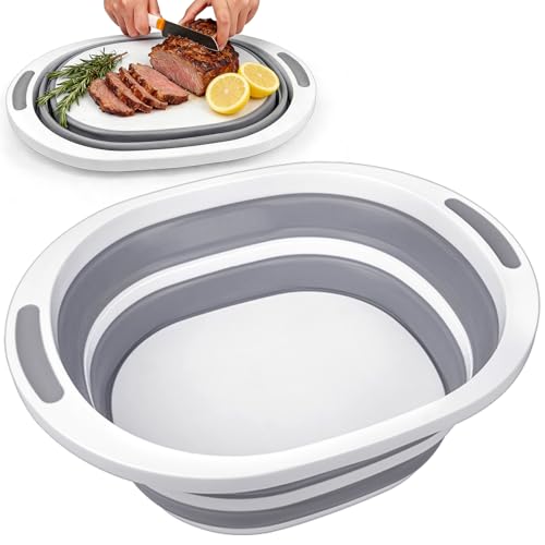 Collapsible Wash Basin, 7.5L Dish Tub Sink Basin Folding Dish Pans for Kitchen Sink, 2-in-1 Dishpan + Cutting Board, Portable Sink Dish Basin for Camping BBQ Prep Tub Washing Bin Bucket for Cleaning