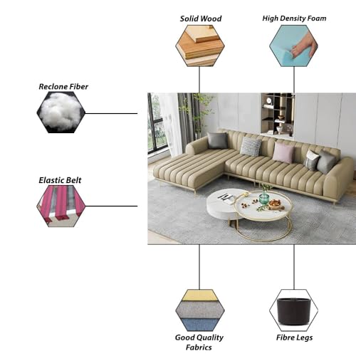 Image of Casaliving Herrick LHS 6 Seater L Shape Sofa Set with 2 Puffy for Living Room (Cream Colour) Premium Velvet Fabric Sofa Set