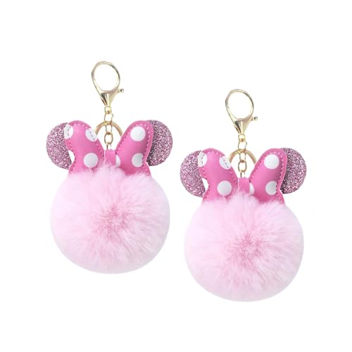 Sunwel Fashion Cute Pom Pom Ball Keychain- Mouse Ears & Polka-dot Bow Fluffy 2 Pack Fur Ball Keyring Charm for Handbag Backpack (pink/pink)