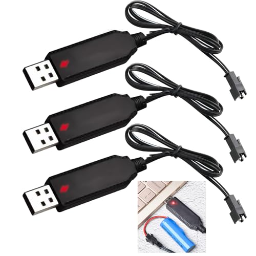 3 PCS Drone USB Charger Cable, 3.7V 500mA Portable RC Car Battery Charger with SM 2P Connector Plug LED Indicator, Universal LiPo Battery Power Cables for RC Toys Trucks Boat Tank Plane Helicopters