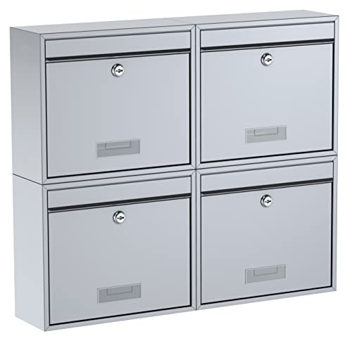 BASI Briefkasten 4er Set | Wandbriefkasten aus Stahl | Farbe Silber | mit Namensschild | Zylinderschloss mit 2 Schlüssel | inkl. Befestigungsmaterial | Briefkastenanlage | 4 Stück