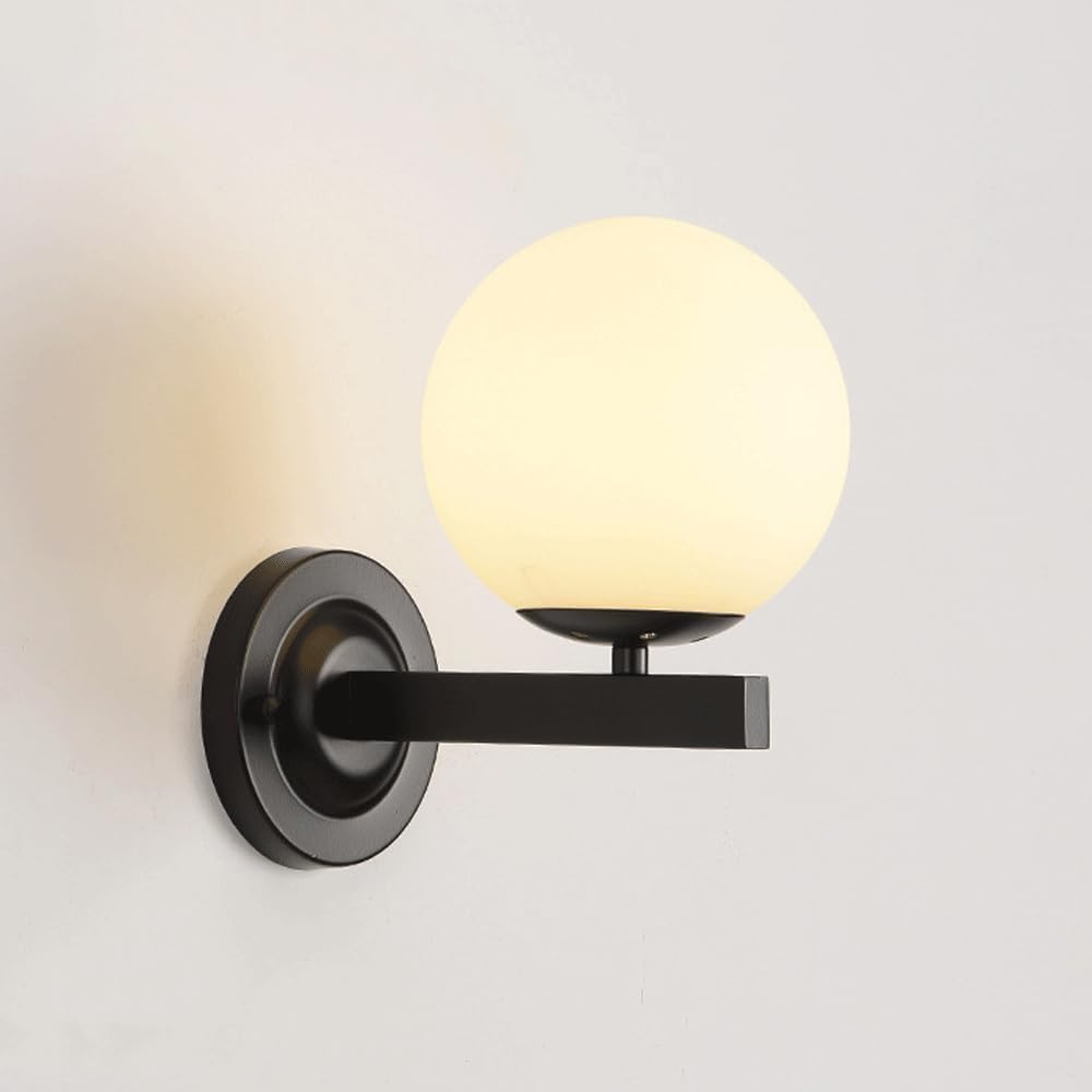 Modern Home Decoration Matte Black Globe Wall Sconce Electric Milk Glass Wall Mounted Light Mid Century Modern Wall Lamp Indoor Frosted Ball Bathroom Vanity Light for Farmhouse Bedroom