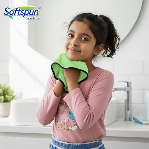 Image of SOFTSPUN Microfiber Baby Hand & Face Wipes 280 GSM 20x30 Cms 4 Piece Towel Set Green! Super Soft & Comfortable for Newborn Baby and Kids Quick Drying Ultra Absorbent in Small Size.