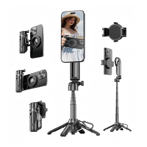 Magnetic Phone Tripod, 4-in-1 Portable Selfie Stick, Pocket Size Foldable Extendable Tripod for iPhone, Selfie Stick with Wireless Remote Control, Phone Stand for Travel, Vlogging, Live Streaming