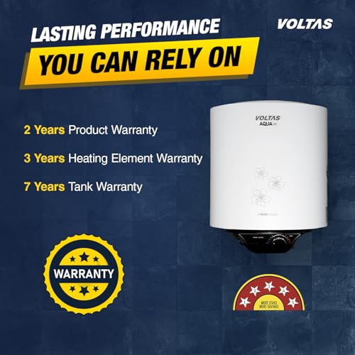 Image of Voltas AquaM 5-Star 10L Water Heater 2000W, Warranty of 7 years on Tank, 3 Years on Heating Element, 2 Years on Product by Voltas|Free Installation| Free Connecting Pipe|Copper Element|8 Bar (White)