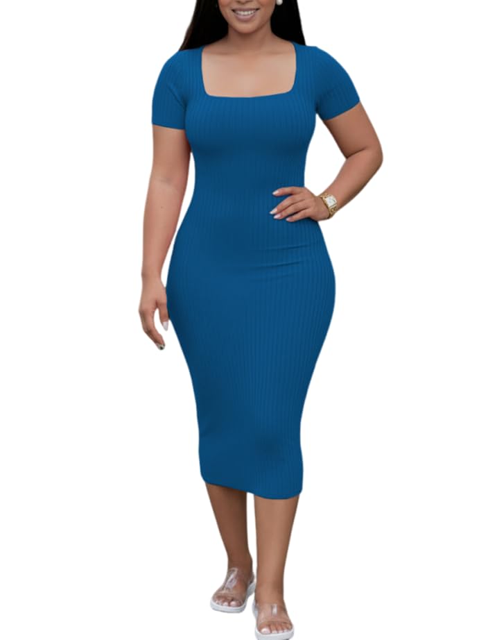 Image of TOPSRANI Women Sexy Midi Dress Bodycon Casual Sleeveless Basic Ruched Tank Summer Club Party Dresses