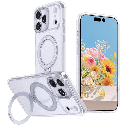 Coque iPhone 15 Plus rose pailletée avec support rotatif 360 et anneau magnétique protecteur