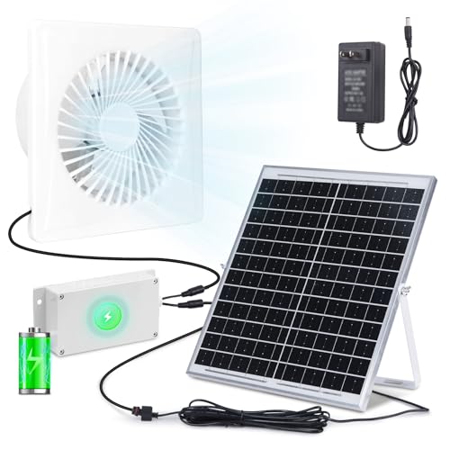Chtoocy Solar Fan Pro with Battery Run Day/Night, 9.5" Exhaust Fan and 20W Solar Panel for Greenhouse Air Cooling Circulation with 16Ft On/Off Cable, Intake for Shed, Chicken Coop