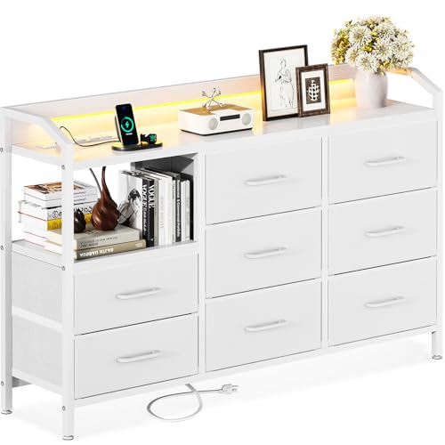 KKL White Dresser for Bedroom with Light Strip & Power Outlet — 8 Drawers Dressers & Chest of Drawers with Shelf, Wood Top, Metal Frame, Wide Dressers for Girls Bedroom, Living Room, Hallway, Closet -  B10SP022G901001USDFB0DKNBZ18W