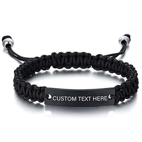 Personalized Handmade Braided Couples Bracelet - Custom Engraving Name ID Long Distance Relationship Bracelet Adjustable Rope Couples Bracelet Gift for Men Women Lover (A-Couple Black)