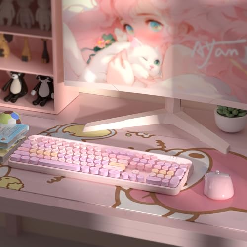 Image of Wireless Keyboard and Mouse Combo Round keycaps Retro Typewriter Keyboard 104 Key Full-Sized Keyboard Automatic Power Saving 2.4GHz Wireless Connection for Mac /Windows /PC