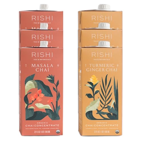 Rishi Tea Masala Chai Latte & Turmeric Ginger Bundle - Organic Tea Concentrate, Easy-to-Serve Hot or Iced Chai Tea Mix - 32 fl oz Carton, 8 Servings (Pack of 6)