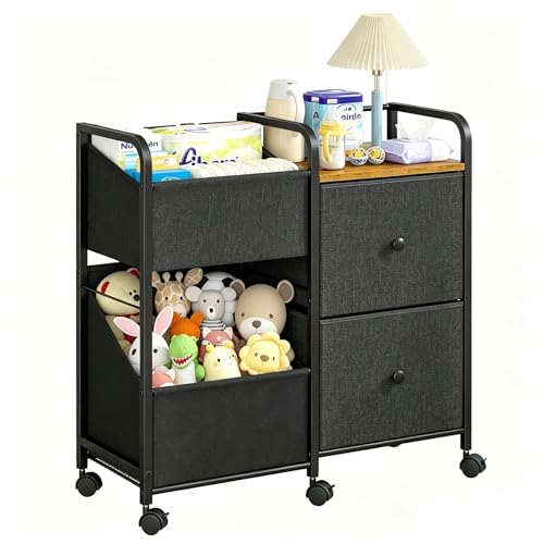 Image of Baby Diaper Caddy Organizer Cart with Wheels, 2 Tier Rolling Cart with Dividers and Drawers, Mobile Utility Cart Bedside for Nursery, Bedroom, Baby Newborn Essentials Storage Cart, Black