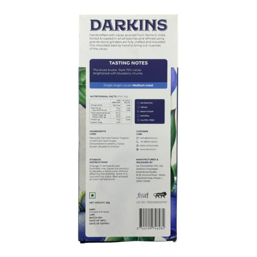 Image of Darkins 70% Dark Chocolate With Blueberries | 2x50gm | Gluten-Free Chocolate | Vegan | Natural | Unrefined Cane Sugar | 50g Each Pack of 2